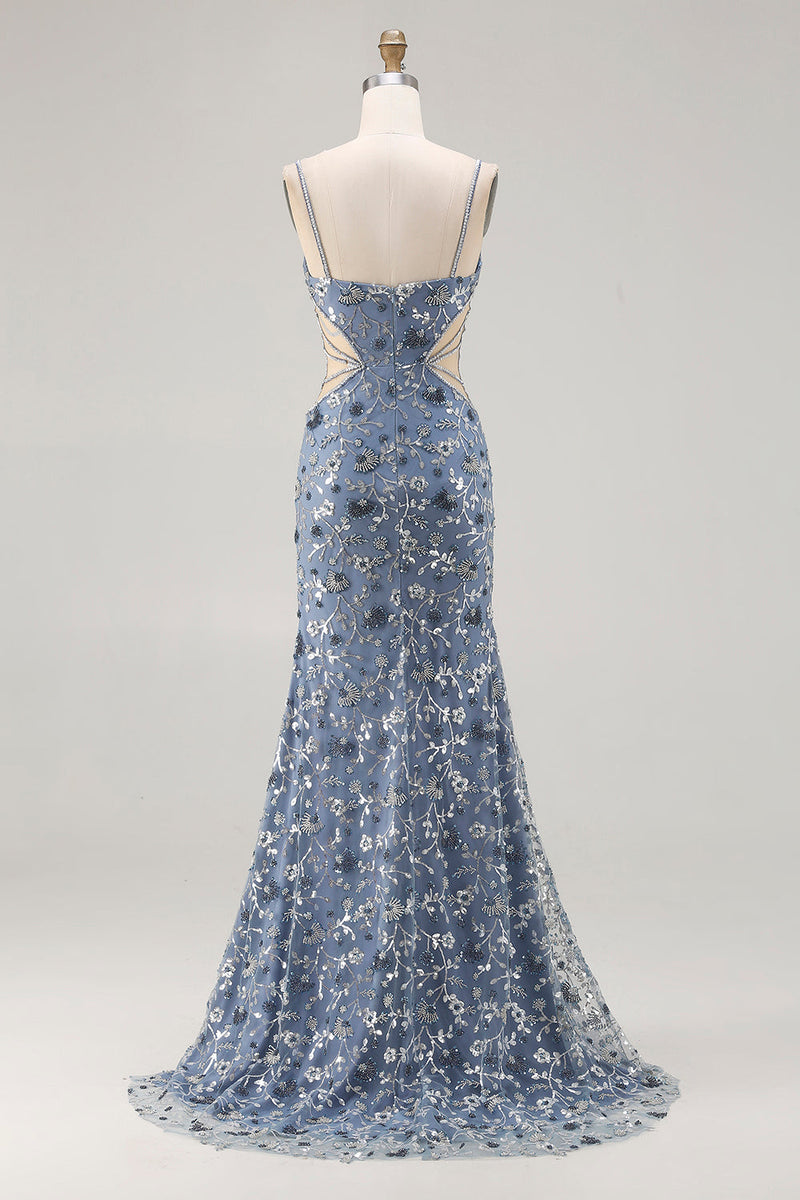 Load image into Gallery viewer, Sparkly Dusty Blue Cut Out Beaded Floral Long Prom Dress with Slit