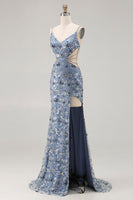 Load image into Gallery viewer, Sparkly Dusty Blue Cut Out Beaded Floral Long Prom Dress with Slit