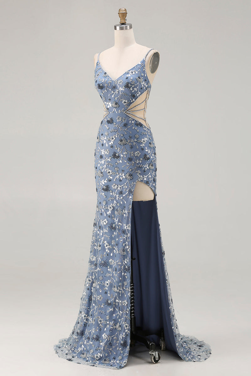 Load image into Gallery viewer, Sparkly Dusty Blue Cut Out Beaded Floral Long Prom Dress with Slit