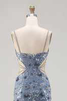 Load image into Gallery viewer, Sparkly Dusty Blue Cut Out Beaded Floral Long Prom Dress with Slit