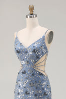Load image into Gallery viewer, Sparkly Dusty Blue Cut Out Beaded Floral Long Prom Dress with Slit