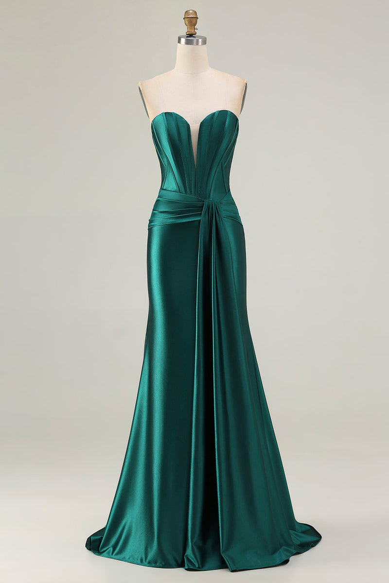 Load image into Gallery viewer, Dark Green Strapless Mermaid Long Corset Prom Dress