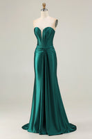 Load image into Gallery viewer, Dark Green Strapless Mermaid Long Corset Prom Dress