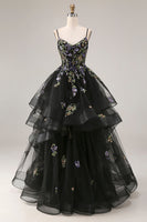 Load image into Gallery viewer, Sparkly Black A Line Tulle Long Sequin Prom Dress with Ruffles
