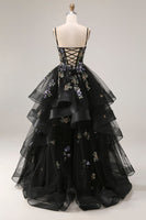 Load image into Gallery viewer, Sparkly Black A Line Tulle Long Sequin Prom Dress with Ruffles