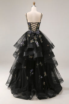 Sparkly Black A Line Tulle Long Sequin Prom Dress with Ruffles