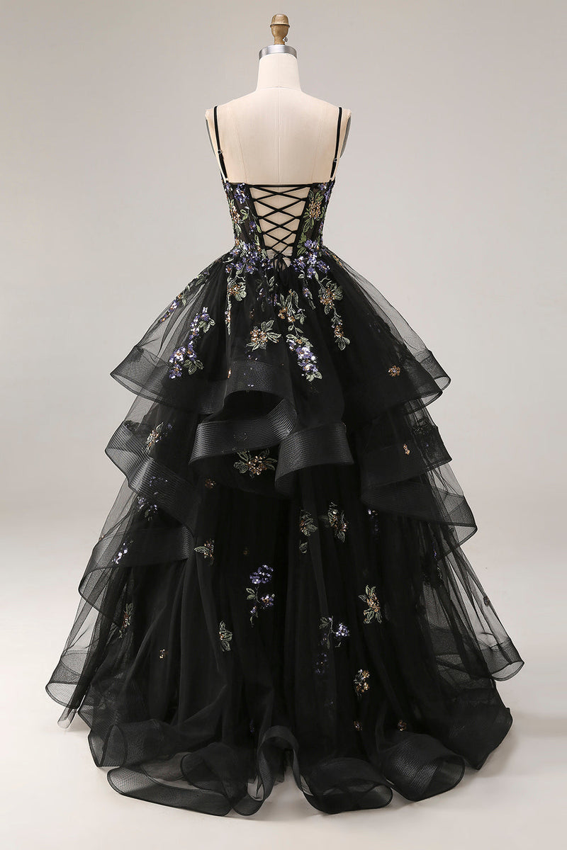 Load image into Gallery viewer, Sparkly Black A Line Tulle Long Sequin Prom Dress with Ruffles