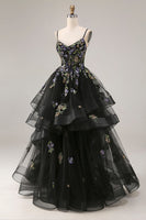 Load image into Gallery viewer, Sparkly Black A Line Tulle Long Sequin Prom Dress with Ruffles