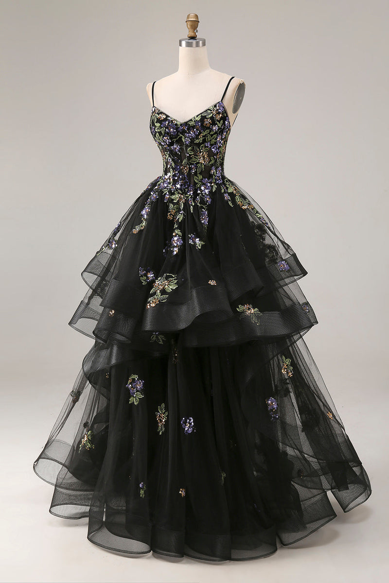 Load image into Gallery viewer, Sparkly Black A Line Tulle Long Sequin Prom Dress with Ruffles