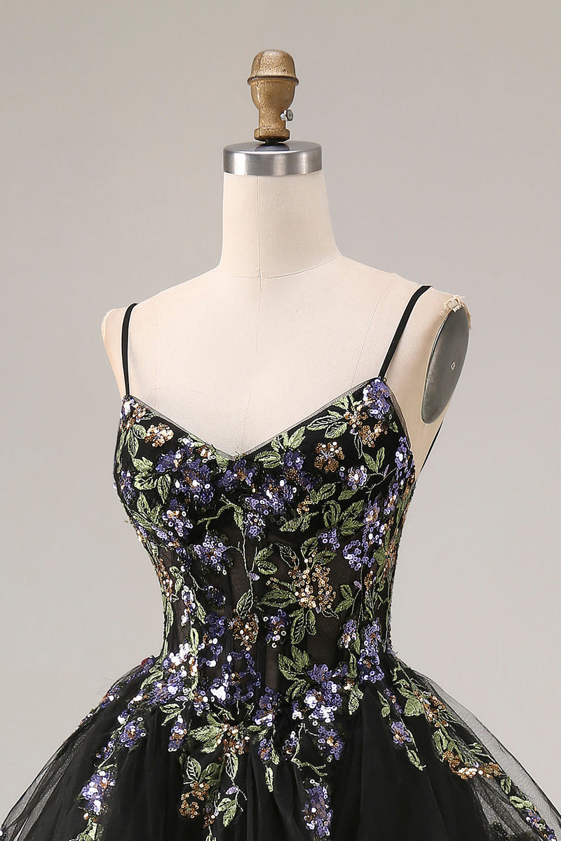 Load image into Gallery viewer, Sparkly Black A Line Tulle Long Sequin Prom Dress with Ruffles