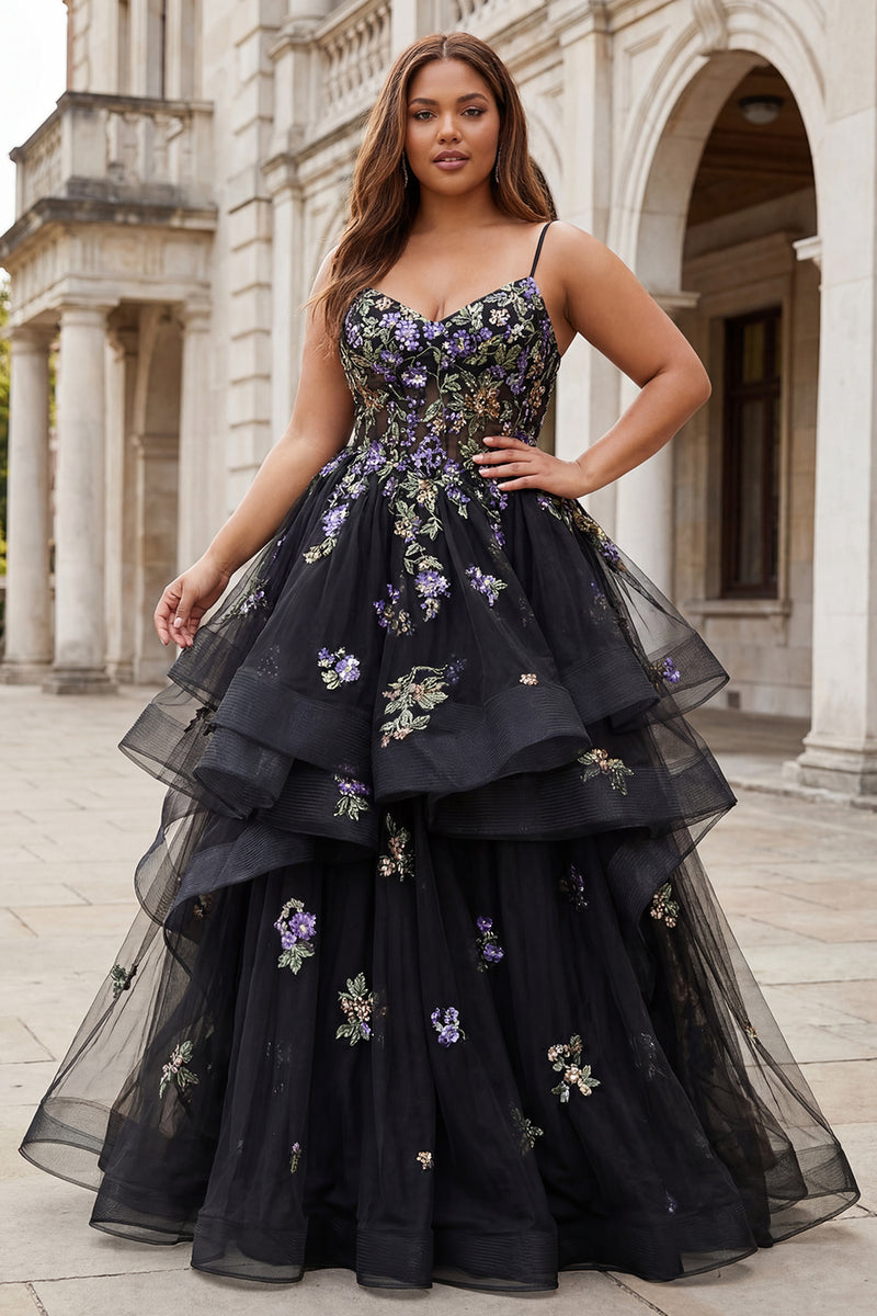 Load image into Gallery viewer, Sparkly Plus Size Tulle Black A Line Long Sequin Prom Dress with Ruffles