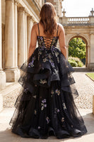 Load image into Gallery viewer, Sparkly Plus Size Tulle Black A Line Long Sequin Prom Dress with Ruffles