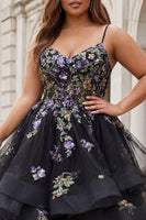 Load image into Gallery viewer, Sparkly Plus Size Tulle Black A Line Long Sequin Prom Dress with Ruffles