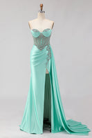 Load image into Gallery viewer, Sparkly Mint Green Mermaid Maxi Corset Prom Dress with Slit