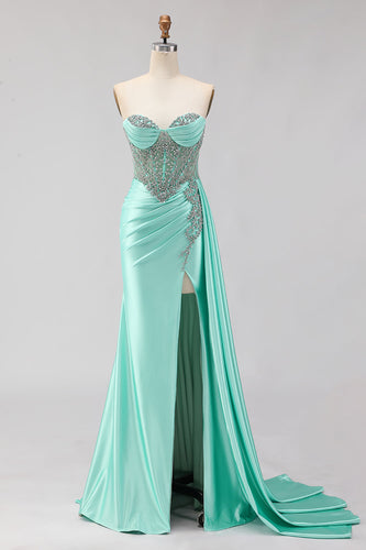 Sparkly Mint Green Mermaid Maxi Corset Prom Dress with Slit