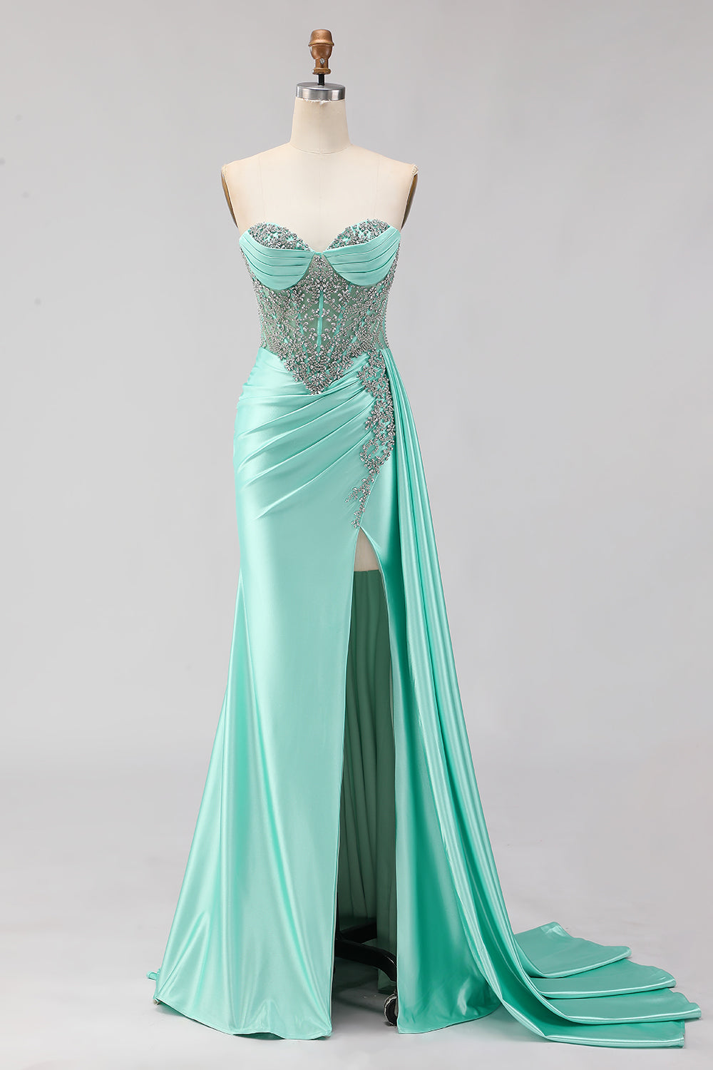 Sparkly Mint Green Mermaid Maxi Corset Prom Dress with Slit