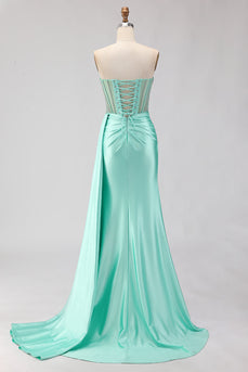 Sparkly Mint Green Mermaid Maxi Corset Prom Dress with Slit