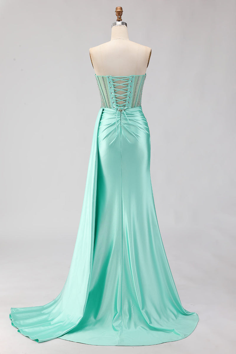 Load image into Gallery viewer, Sparkly Mint Green Mermaid Maxi Corset Prom Dress with Slit