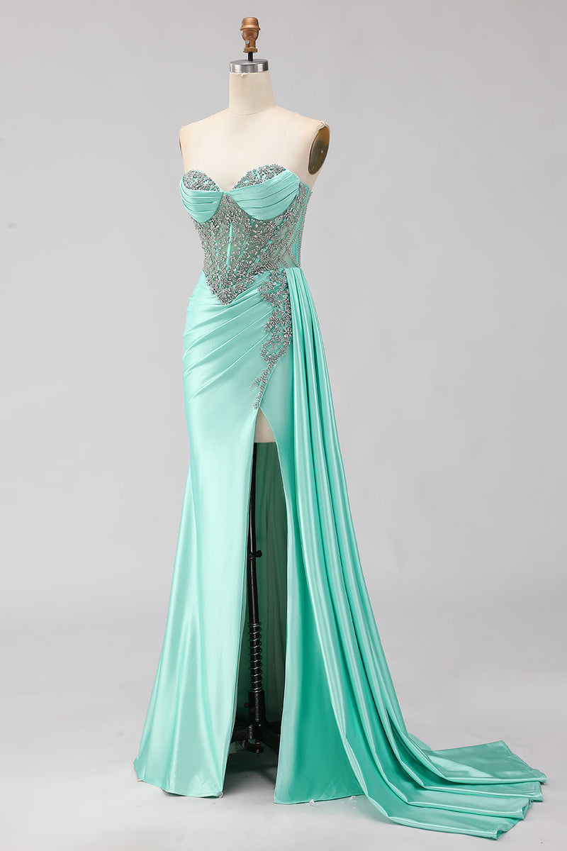 Load image into Gallery viewer, Sparkly Mint Green Mermaid Maxi Corset Prom Dress with Slit