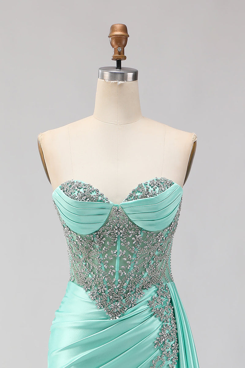 Load image into Gallery viewer, Sparkly Mint Green Mermaid Maxi Corset Prom Dress with Slit