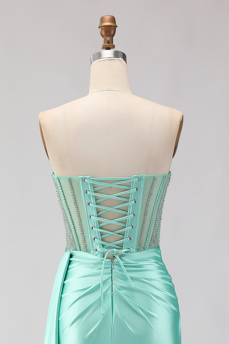 Load image into Gallery viewer, Sparkly Mint Green Mermaid Maxi Corset Prom Dress with Slit