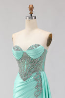 Load image into Gallery viewer, Sparkly Mint Green Mermaid Maxi Corset Prom Dress with Slit