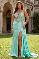 Load image into Gallery viewer, Sparkly Plus Size Mermaid Mint Green Maxi Corset Prom Dress with Slit