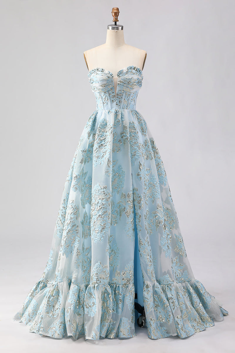 Load image into Gallery viewer, Light Blue Floral Sweetheart Ruffled Long Corset Prom Dress with Slit