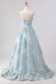 Light Blue Floral Sweetheart Ruffled Long Corset Prom Dress with Slit