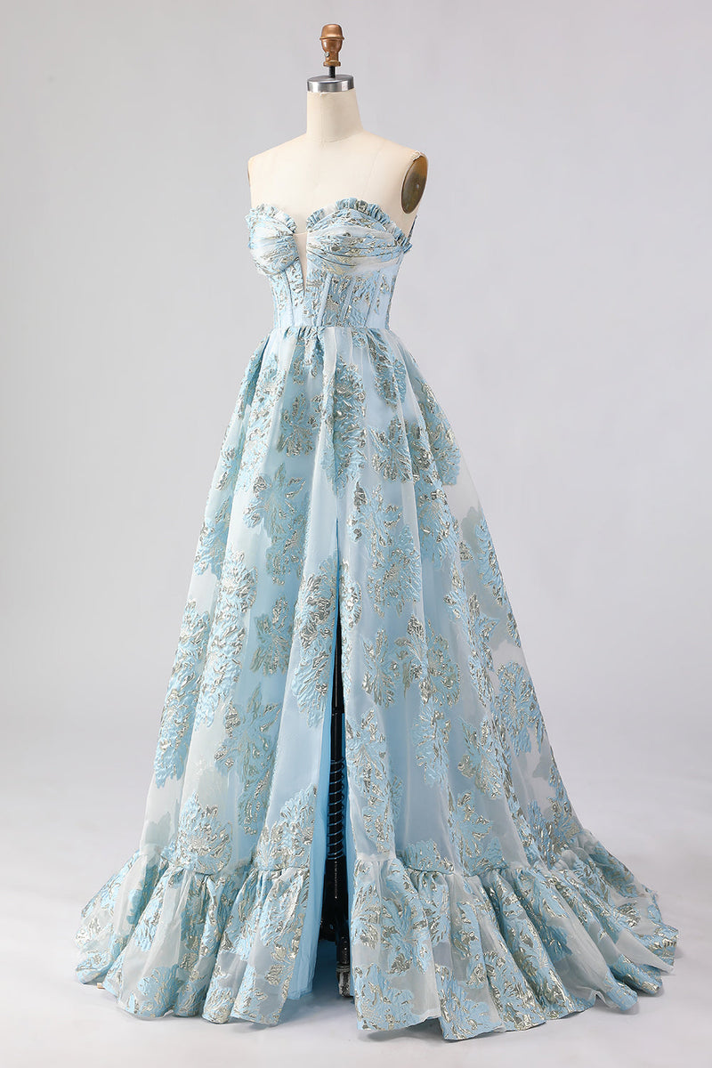 Load image into Gallery viewer, Light Blue Floral Sweetheart Ruffled Long Corset Prom Dress with Slit