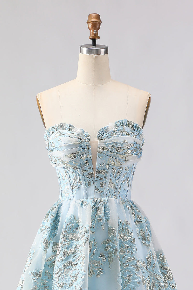 Load image into Gallery viewer, Light Blue Floral Sweetheart Ruffled Long Corset Prom Dress with Slit