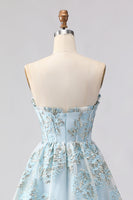 Load image into Gallery viewer, Light Blue Floral Sweetheart Ruffled Long Corset Prom Dress with Slit