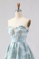 Load image into Gallery viewer, Light Blue Floral Sweetheart Ruffled Long Corset Prom Dress with Slit