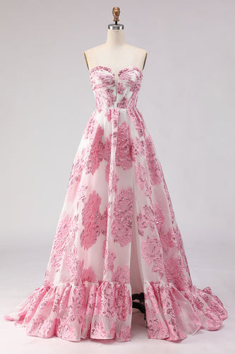 Floral Pink Sweetheart A-Line Ruffled Long Corset Prom Dress with Slit