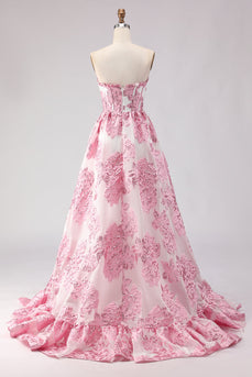 Floral Pink Sweetheart A-Line Ruffled Long Corset Prom Dress with Slit
