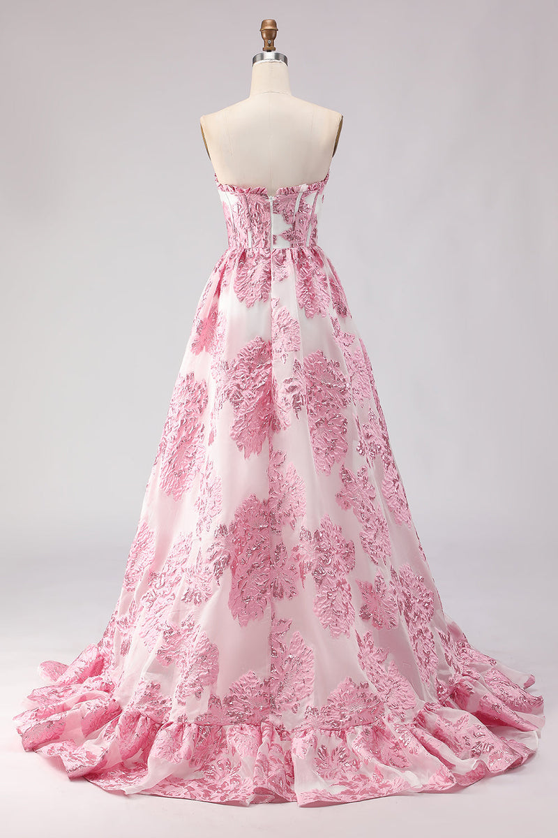 Load image into Gallery viewer, Floral Pink Sweetheart A-Line Ruffled Long Corset Prom Dress with Slit