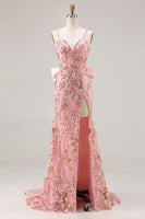 Load image into Gallery viewer, Sparkly Floral Pink Sequin Mermaid Long Prom Dress with Slit