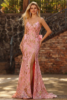 Load image into Gallery viewer, Sparkly Floral Pink Sequin Mermaid Long Prom Dress with Slit