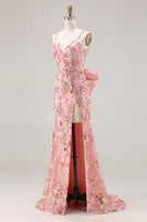 Load image into Gallery viewer, Sparkly Floral Pink Sequin Mermaid Long Prom Dress with Slit
