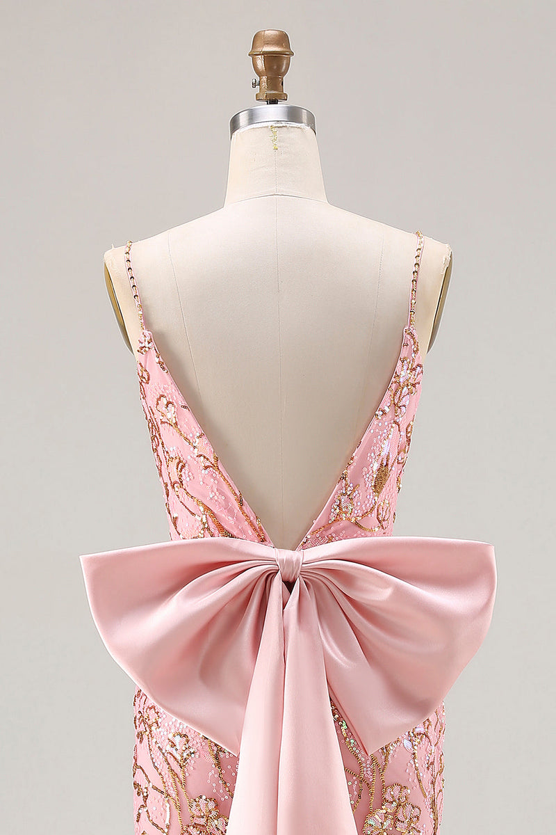 Load image into Gallery viewer, Sparkly Floral Pink Sequin Mermaid Long Prom Dress with Slit