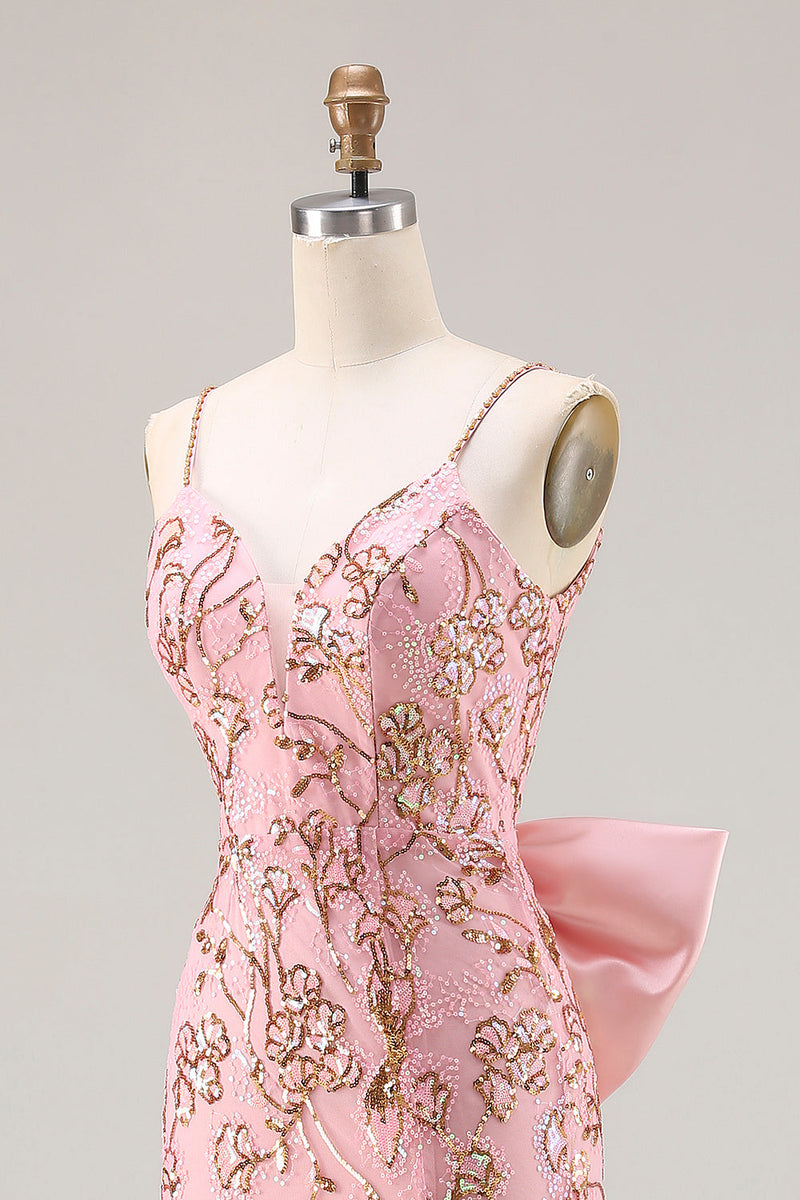 Load image into Gallery viewer, Sparkly Floral Pink Sequin Mermaid Long Prom Dress with Slit