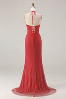 Load image into Gallery viewer, Sparkly Red Halter Beaded Mermaid Long Prom Dress with Slit