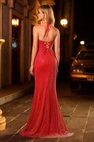 Load image into Gallery viewer, Sparkly Red Halter Beaded Mermaid Long Prom Dress with Slit