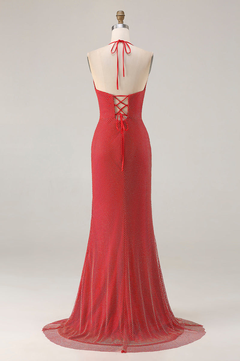 Load image into Gallery viewer, Sparkly Red Halter Beaded Mermaid Long Prom Dress with Slit