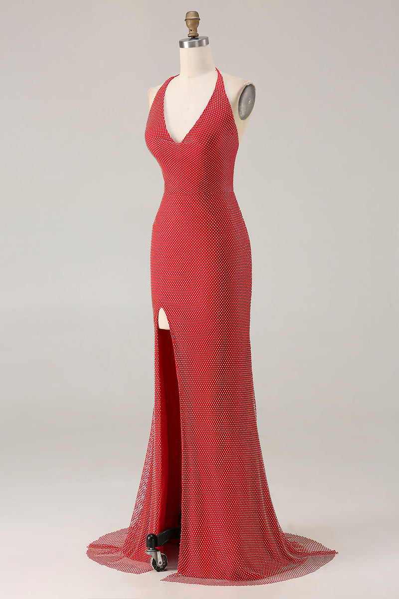 Load image into Gallery viewer, Sparkly Red Halter Beaded Mermaid Long Prom Dress with Slit