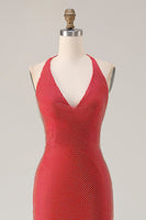 Load image into Gallery viewer, Sparkly Red Halter Beaded Mermaid Long Prom Dress with Slit