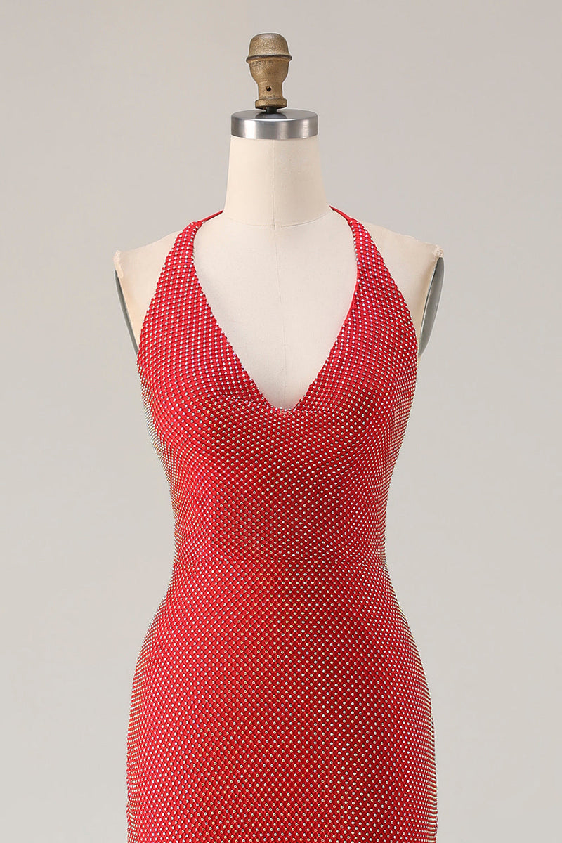 Load image into Gallery viewer, Sparkly Red Halter Beaded Mermaid Long Prom Dress with Slit