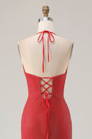 Load image into Gallery viewer, Sparkly Red Halter Beaded Mermaid Long Prom Dress with Slit