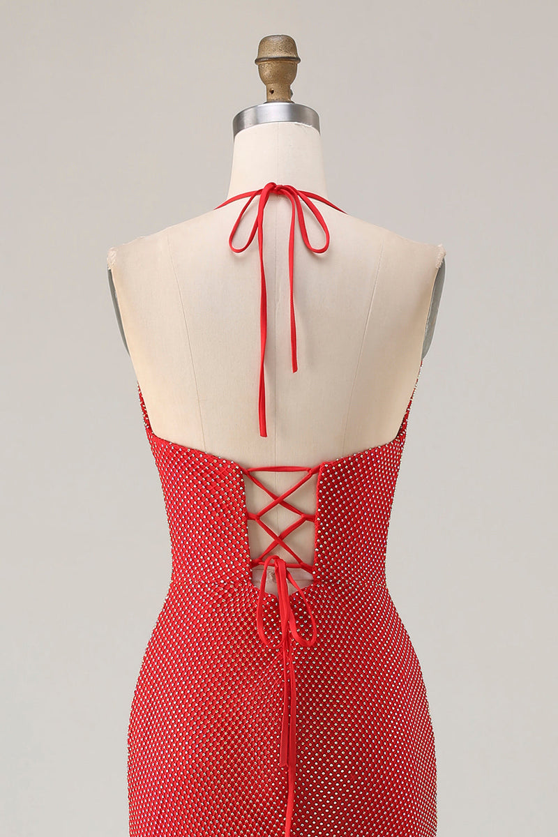 Load image into Gallery viewer, Sparkly Red Halter Beaded Mermaid Long Prom Dress with Slit