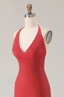 Load image into Gallery viewer, Sparkly Red Halter Beaded Mermaid Long Prom Dress with Slit